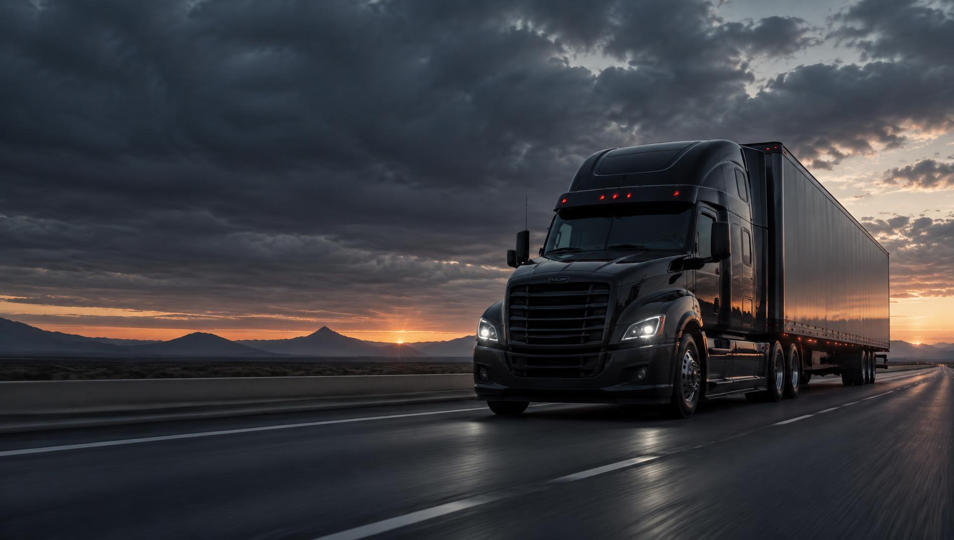 Black semi truck traveling on an interstate at sunset