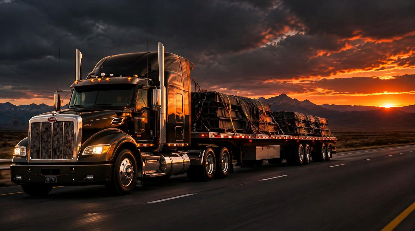 Black semi truck traveling on an interstate at sunset