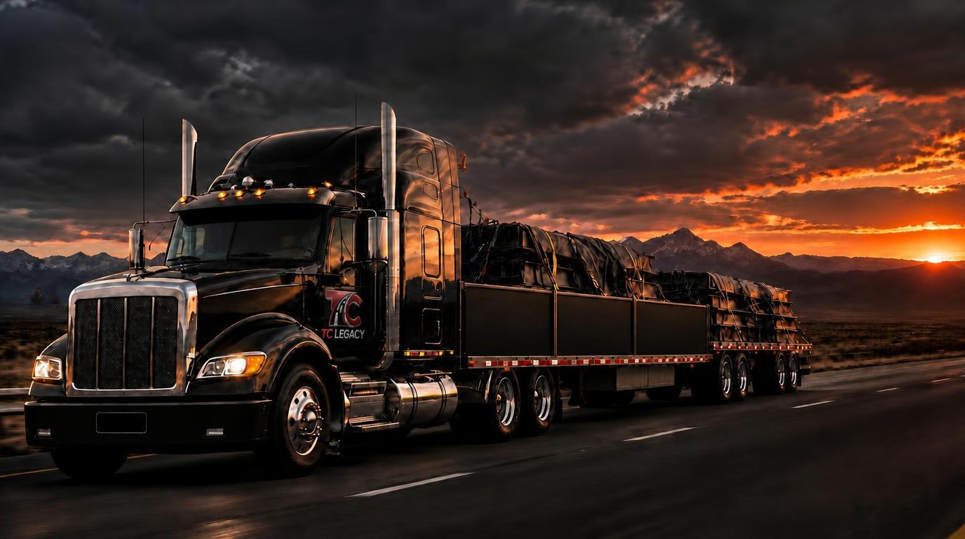 Black semi truck traveling on an interstate at sunset