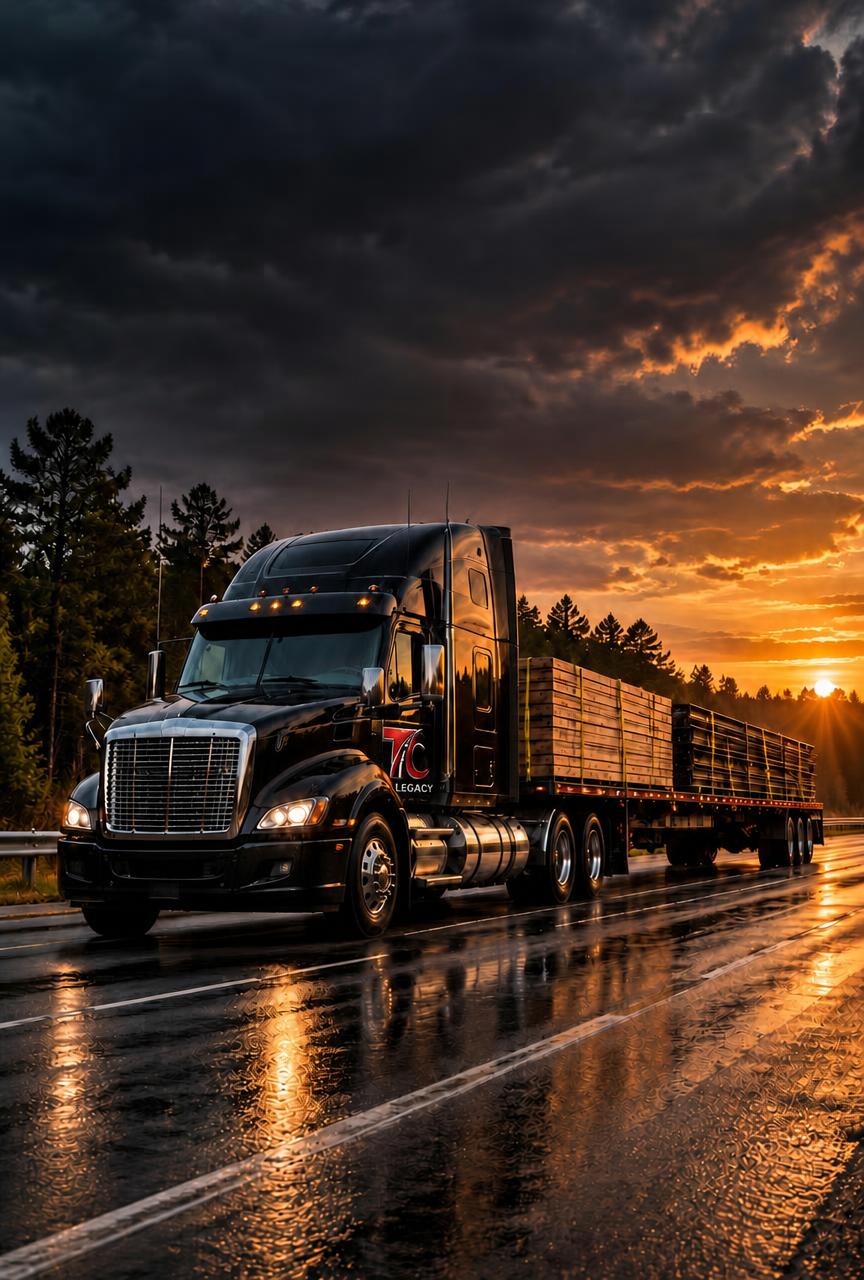 Black semi truck pulling a loaded flatbed trailer at sunset