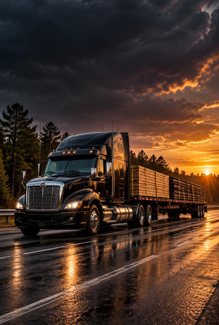 Black semi truck pulling a loaded flatbed trailer at sunset